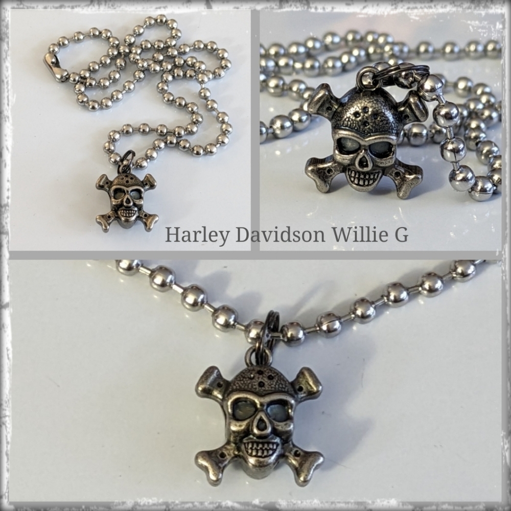 COPY - Harley Davidson Willie G Skull Charm Necklace on Steel Ball Bead Chain